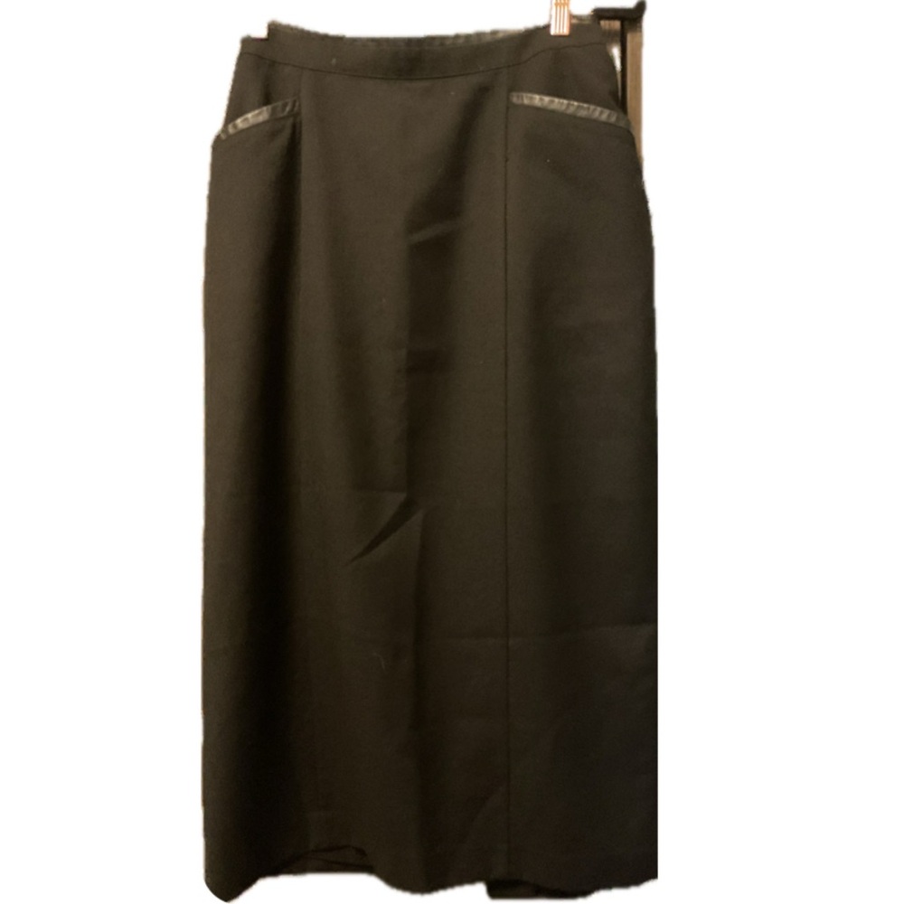 Classic Black 100% Wool Midi Skirt with Faux Leather Trim